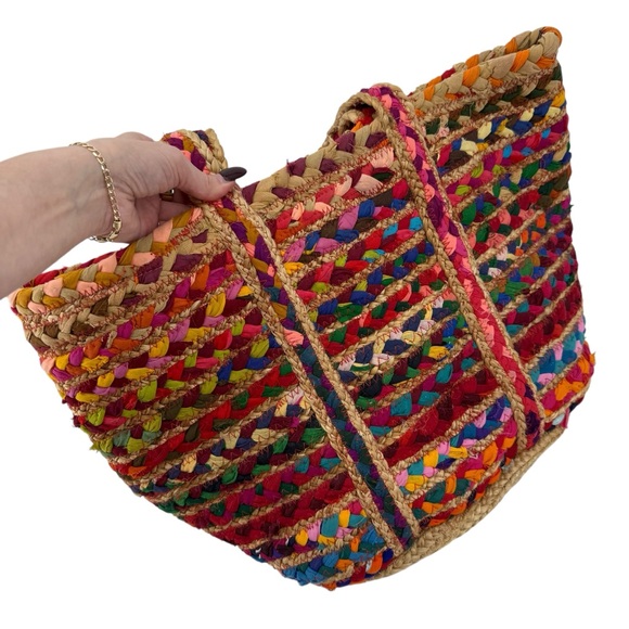 Antik Batik Multicolor Woven Jute Large Tote Boho Cabas Bag Spring Summer Beach - Picture 4 of 15